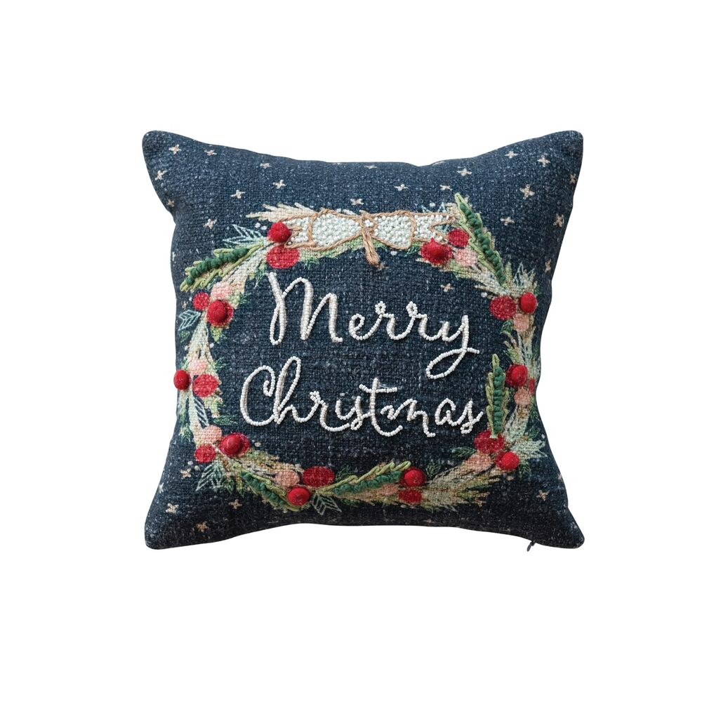 5702 Square Cotton Printed Pillow with Wreath, Embroidery, Beads and Pom